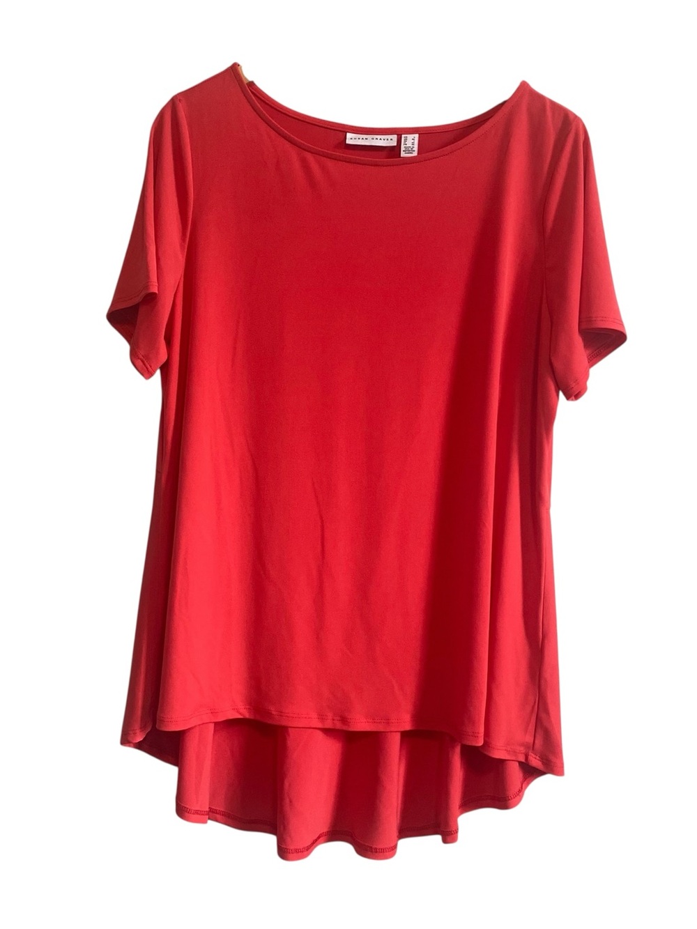 Susan Graver Red Coral Liquid Knit Short Sleeve High Low Tee Size Large